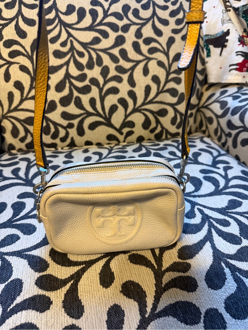 Tory Burch Cream Leather Crossbody with Yellow Strap Accent